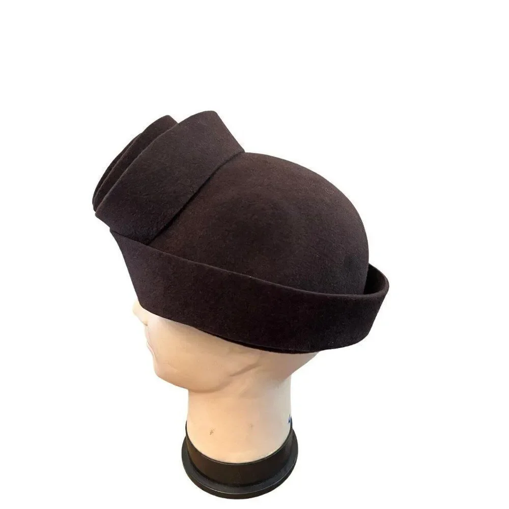 DIVA Ladies Brown Rabbit Hair Pillbox Hat Round Circle Flower Ribbon Hat Russia